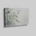 Framed canvas print of a misty bamboo forest in tranquil green and white tones