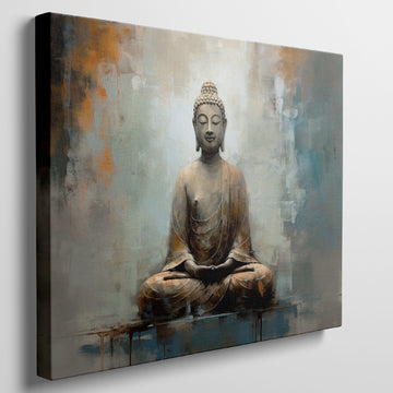 Framed canvas print of a meditative Buddha statue with abstract background in warm and neutral tones