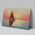 Impressionistic sailboat at sunset with vibrant orange, red, and blue hues reflecting on water