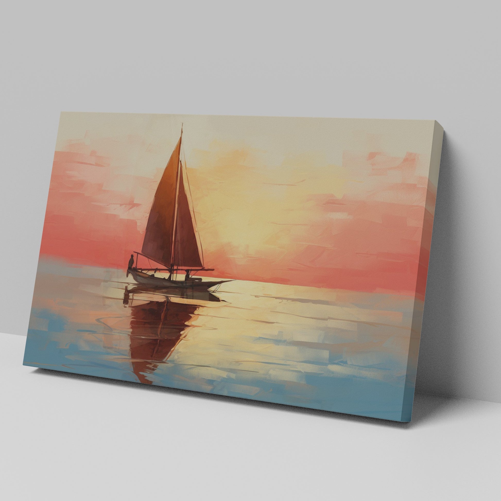 Impressionistic sailboat at sunset with vibrant orange, red, and blue hues reflecting on water