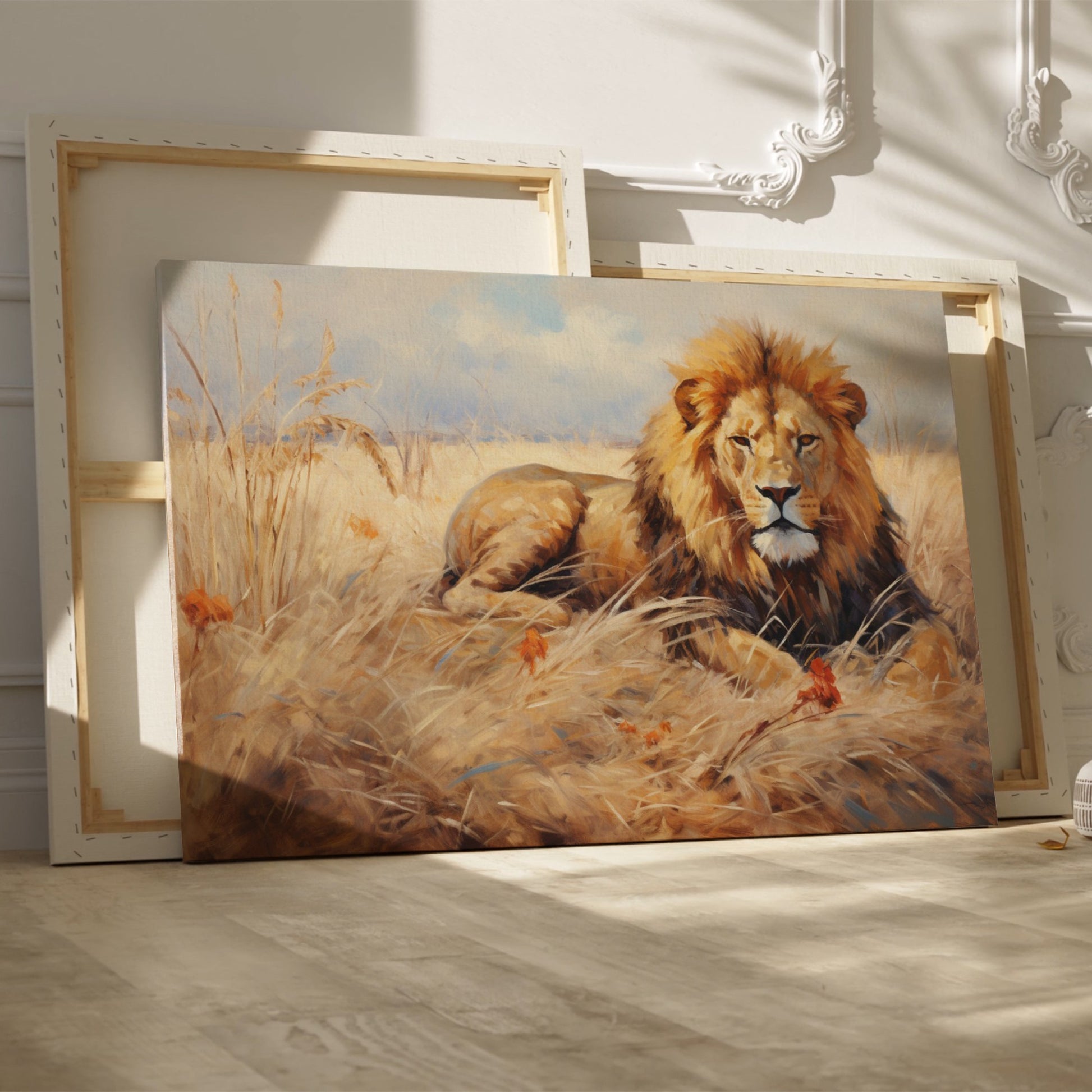 Framed canvas print of a realistic lion lying in the grass of the African savanna, with warm golden tones