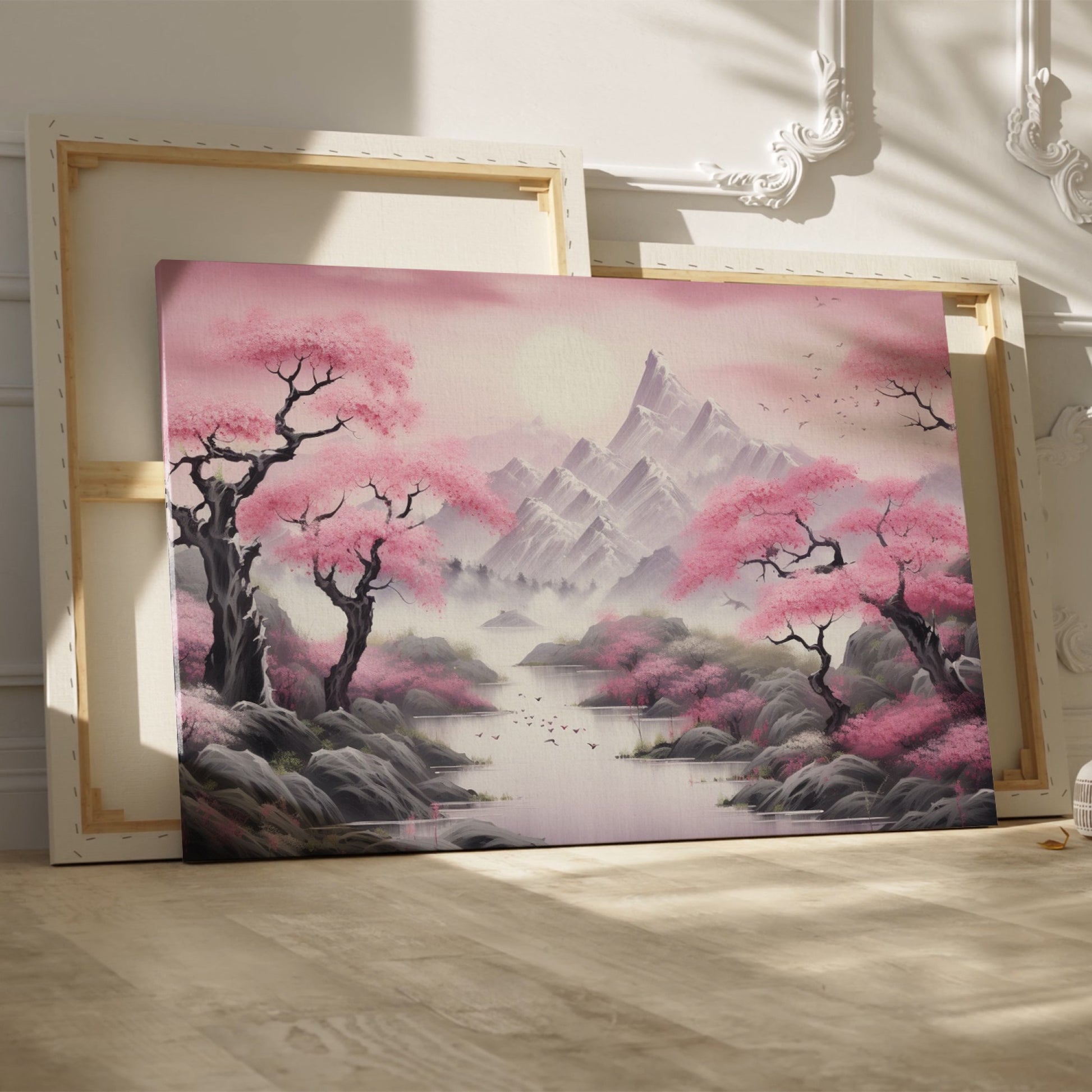 Framed canvas print of Oriental cherry blossom landscape with misty mountains and serene lake