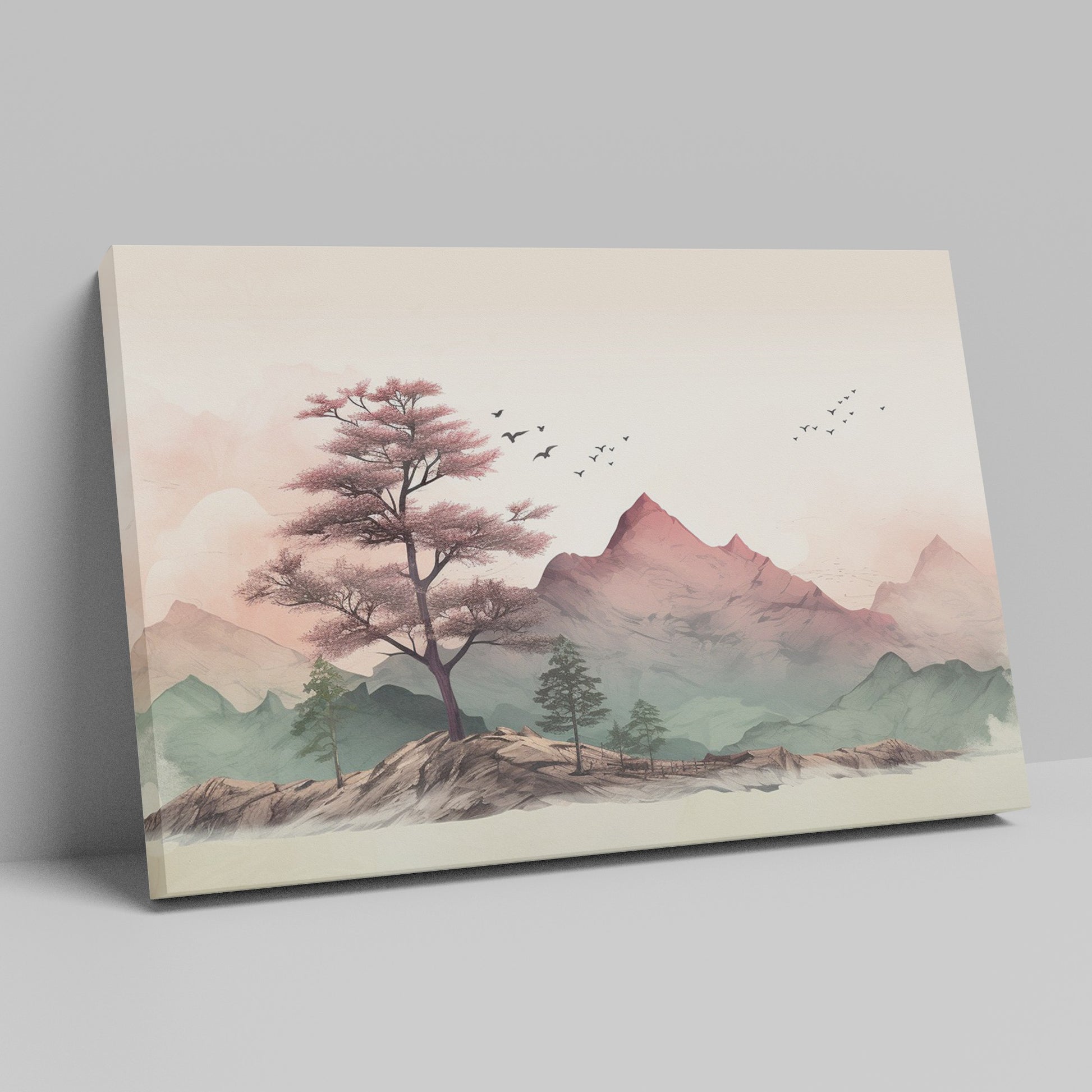 Framed canvas print of a tranquil mountain landscape with pastel colours and cherry blossoms