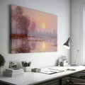 Framed canvas print of a misty river sunrise with reflection and soft pastel colours in impressionist style