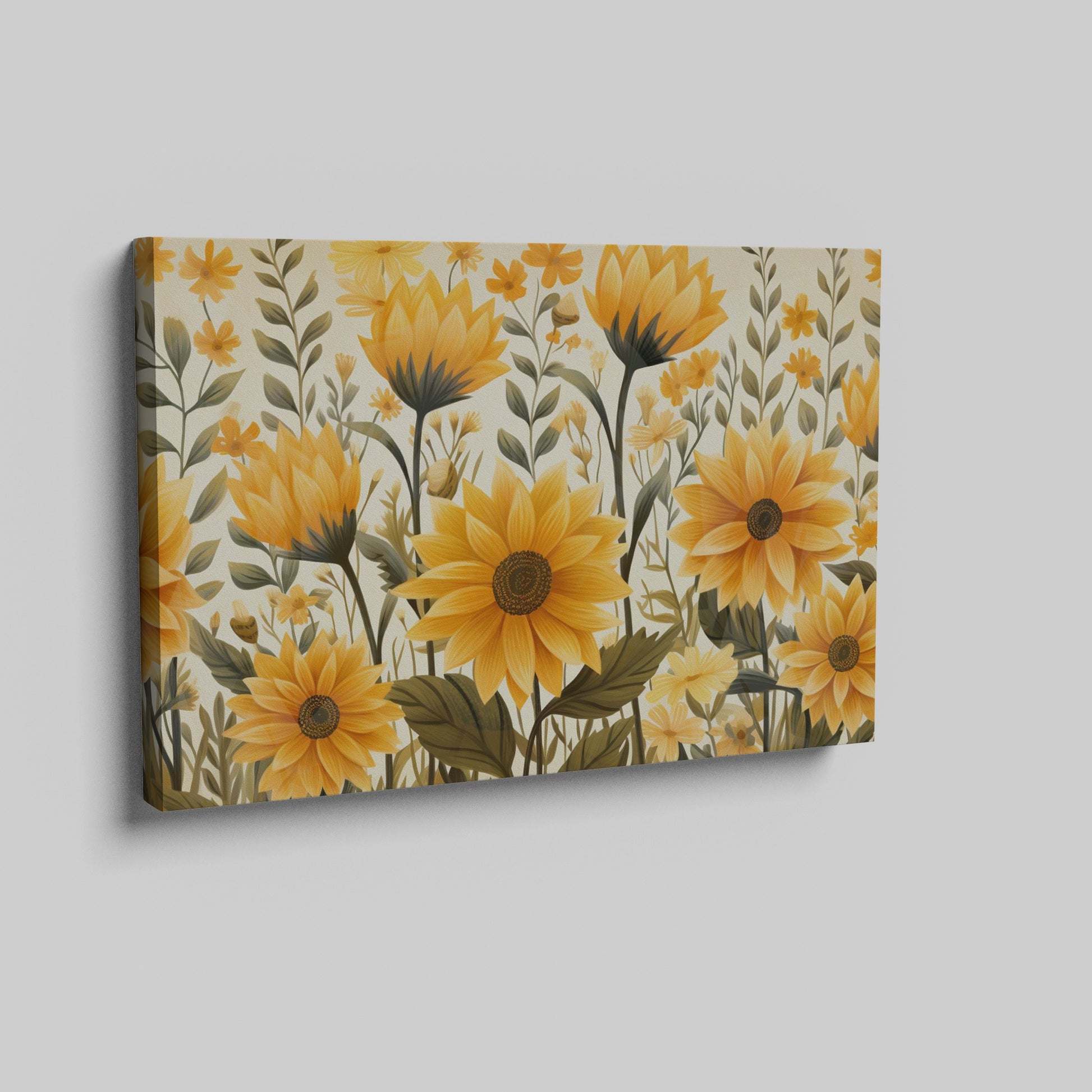 Framed canvas print of golden sunflowers and green foliage on a neutral background