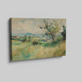 Framed canvas print of a watercolour countryside landscape with vibrant greens and soft skies