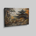 Framed canvas print of an oriental pagoda surrounded by autumn trees and reflection on water