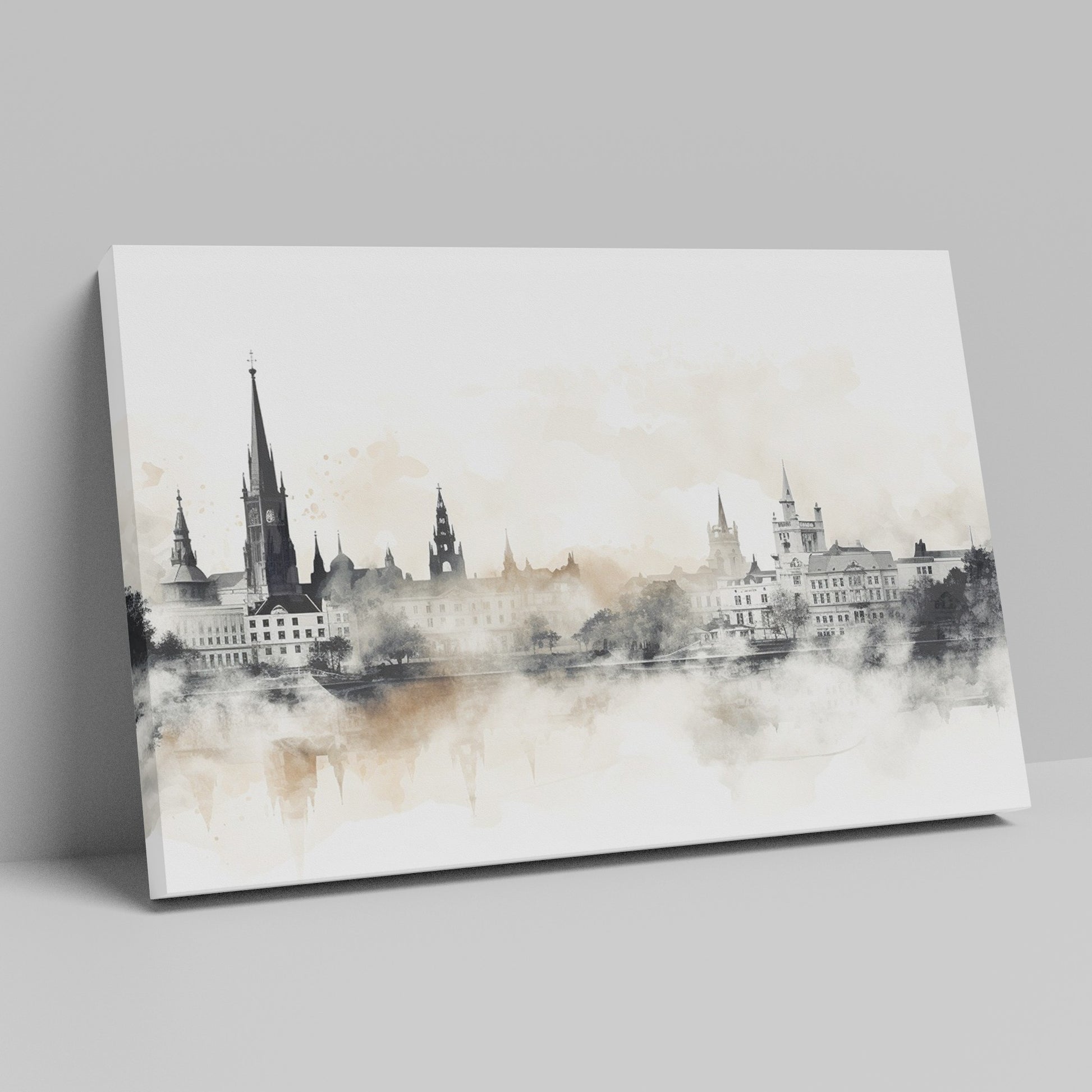 Framed canvas print of a monochromatic sepia cityscape with watercolor and reflection effects