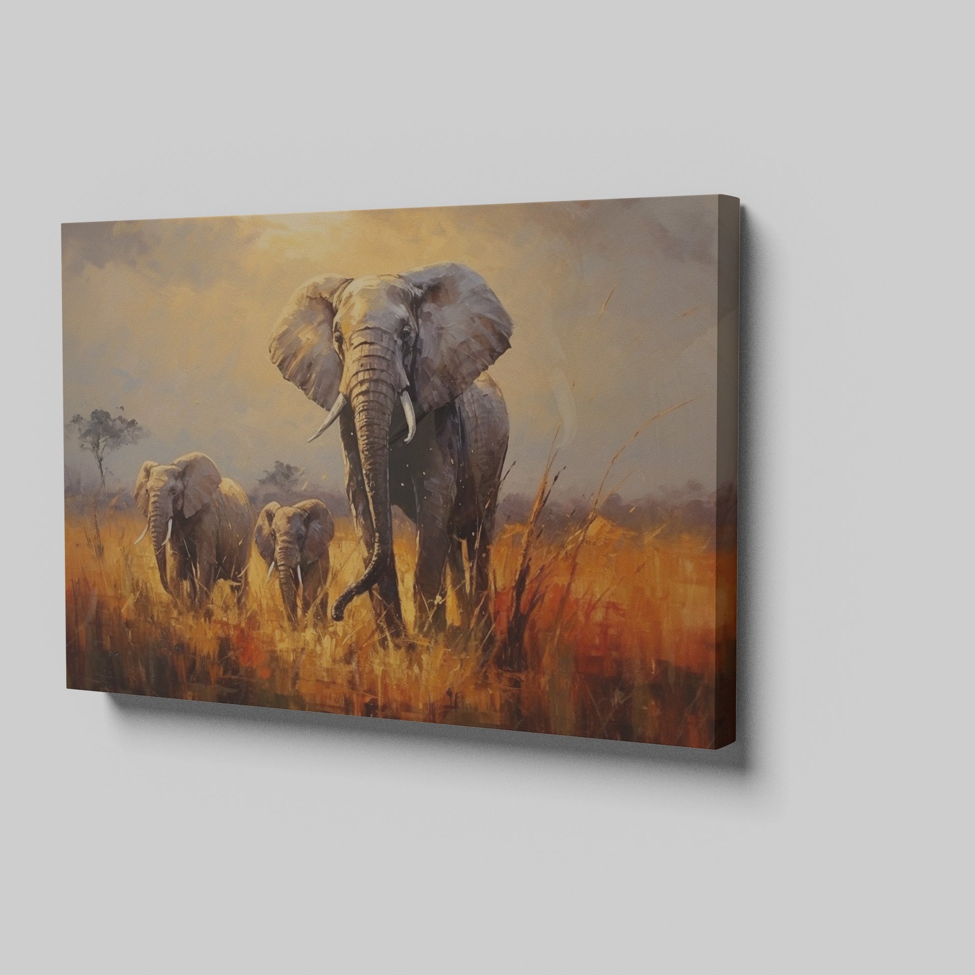 Framed canvas print of a family of elephants in a vibrant, golden savannah sunset