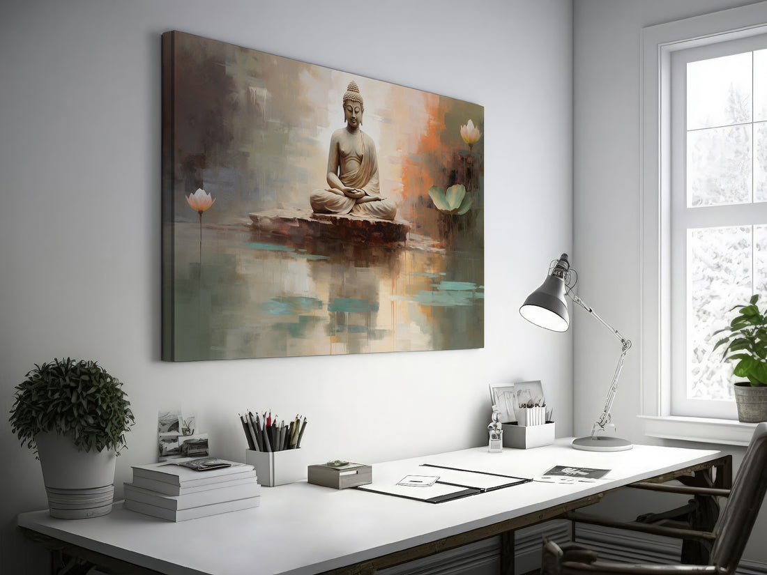 Framed canvas print of a serene Buddha in meditation with abstract watercolour lotus flowers and reflections