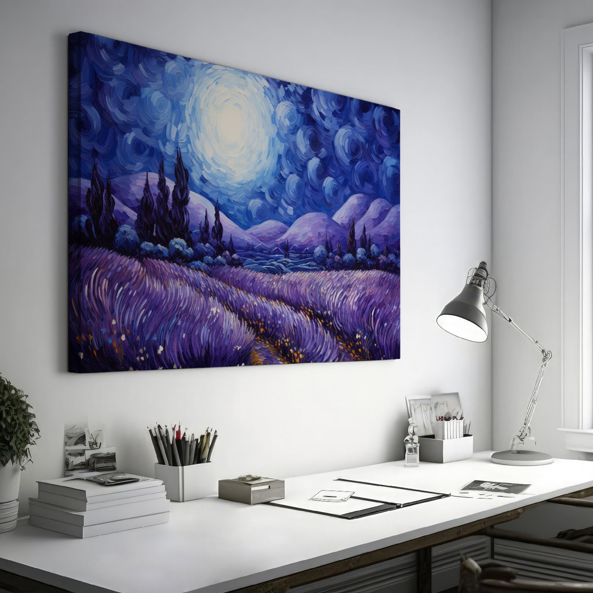 Framed canvas print of an impressionist-inspired landscape with lavender fields and swirling night sky