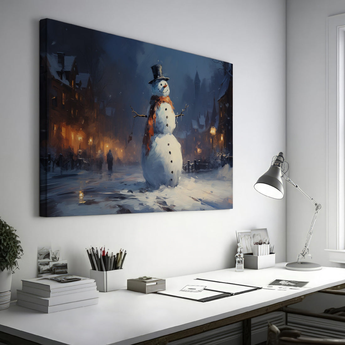 Framed canvas print of a snowman in a winter evening townscape with warm street lights and snowfall