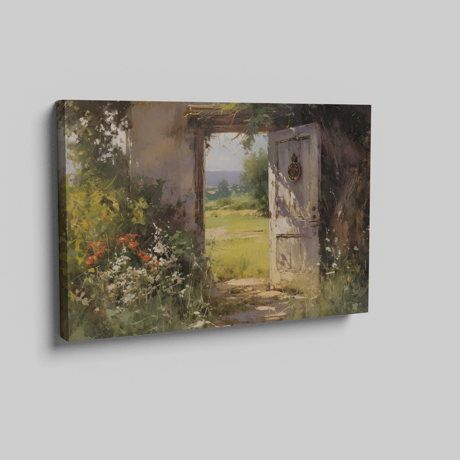 Framed canvas print of a vintage impressionist painting featuring a rustic doorway with blooming wildflowers leading to sunny countryside