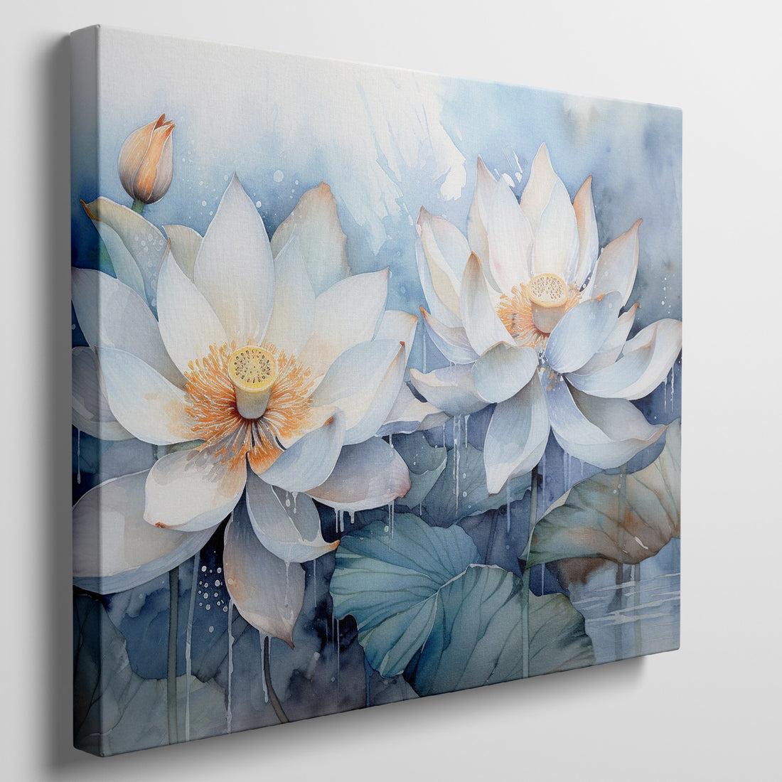 Framed canvas print of ethereal watercolor lotus flowers in tranquil blue hues