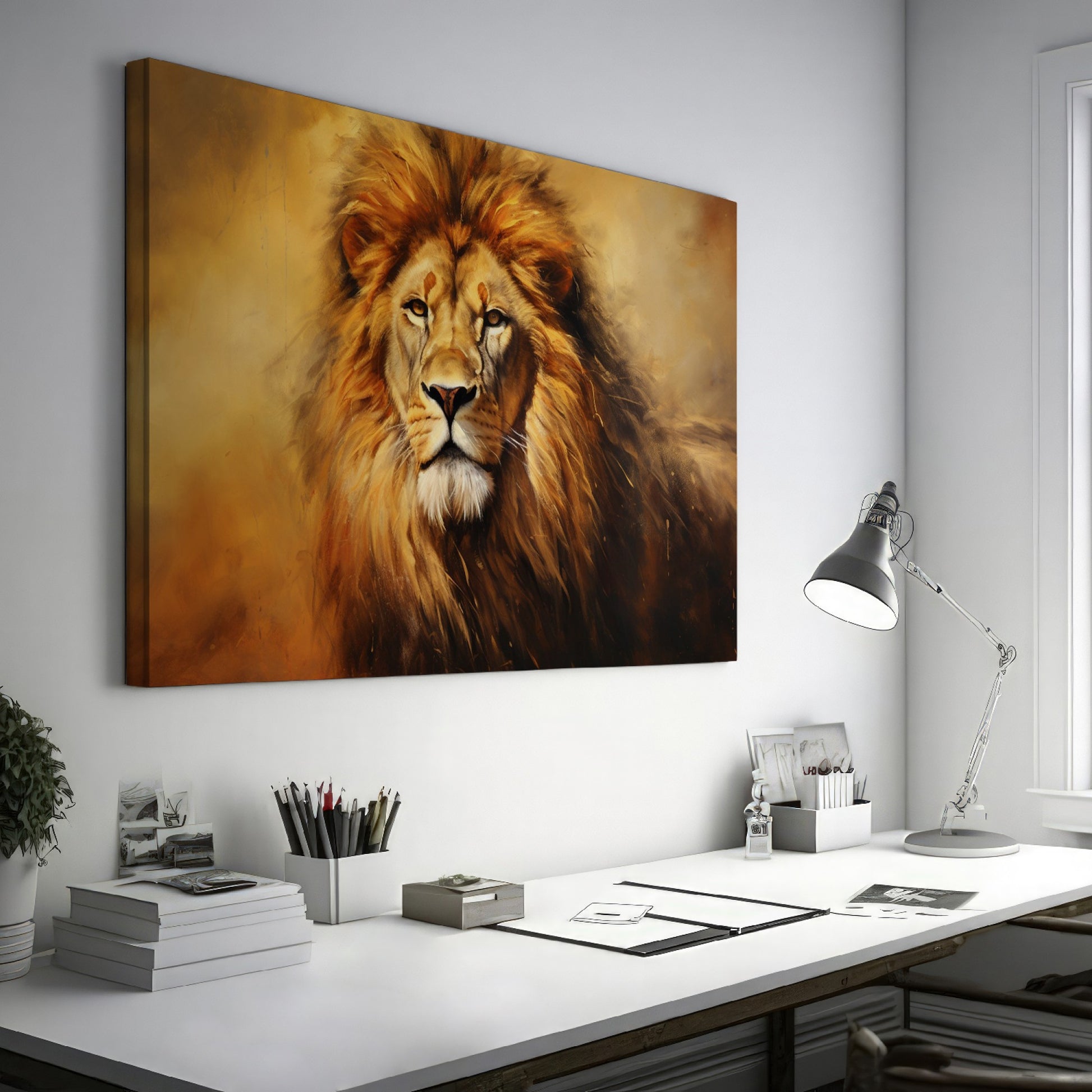 Framed canvas print of a majestic lion portrait with a warm golden colour scheme