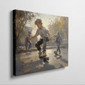 Framed canvas print capturing the movement and energy of young skateboarders at a sunlit urban skatepark