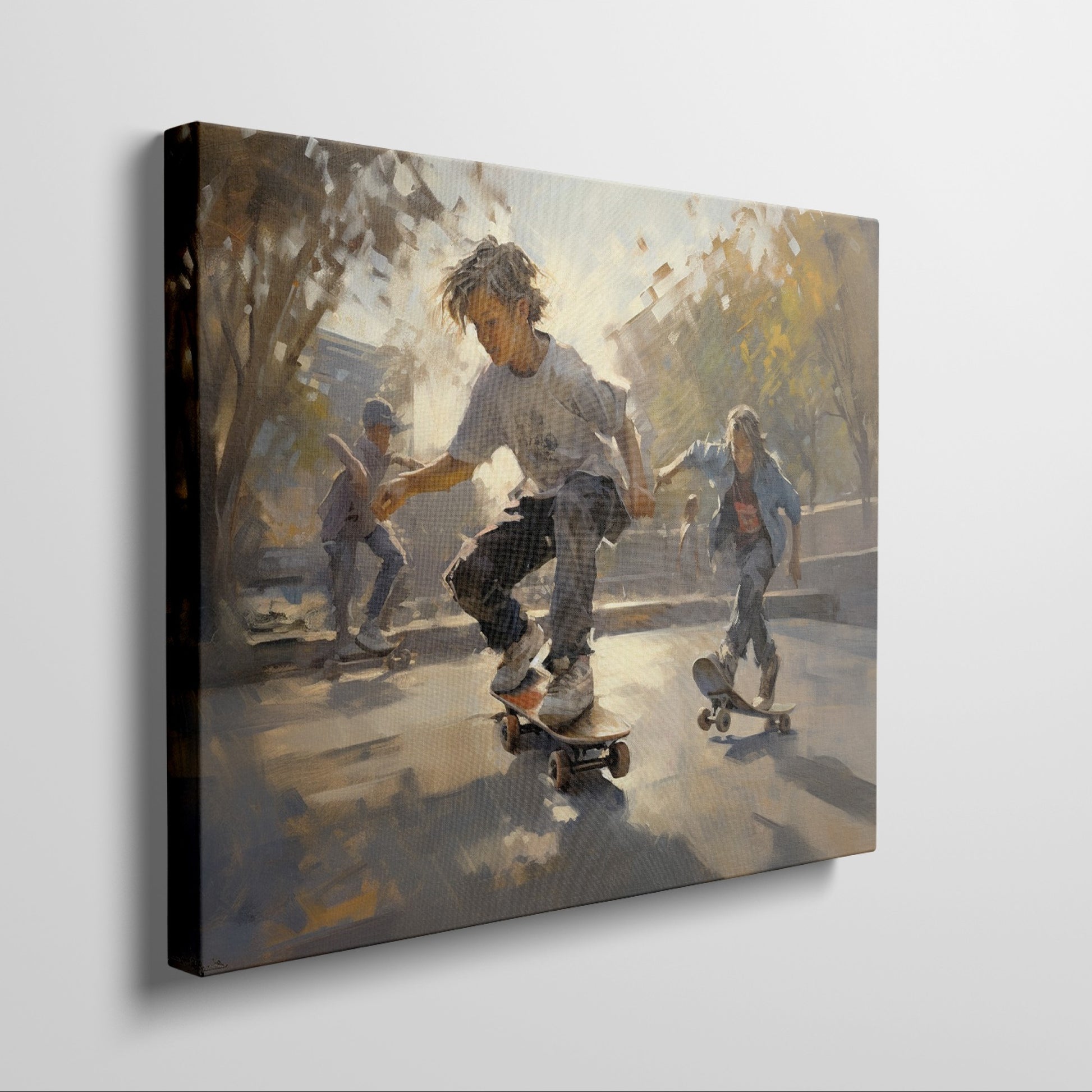 Framed canvas print capturing the movement and energy of young skateboarders at a sunlit urban skatepark