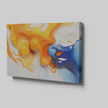 Framed canvas print of vibrant orange and blue abstract fluid art