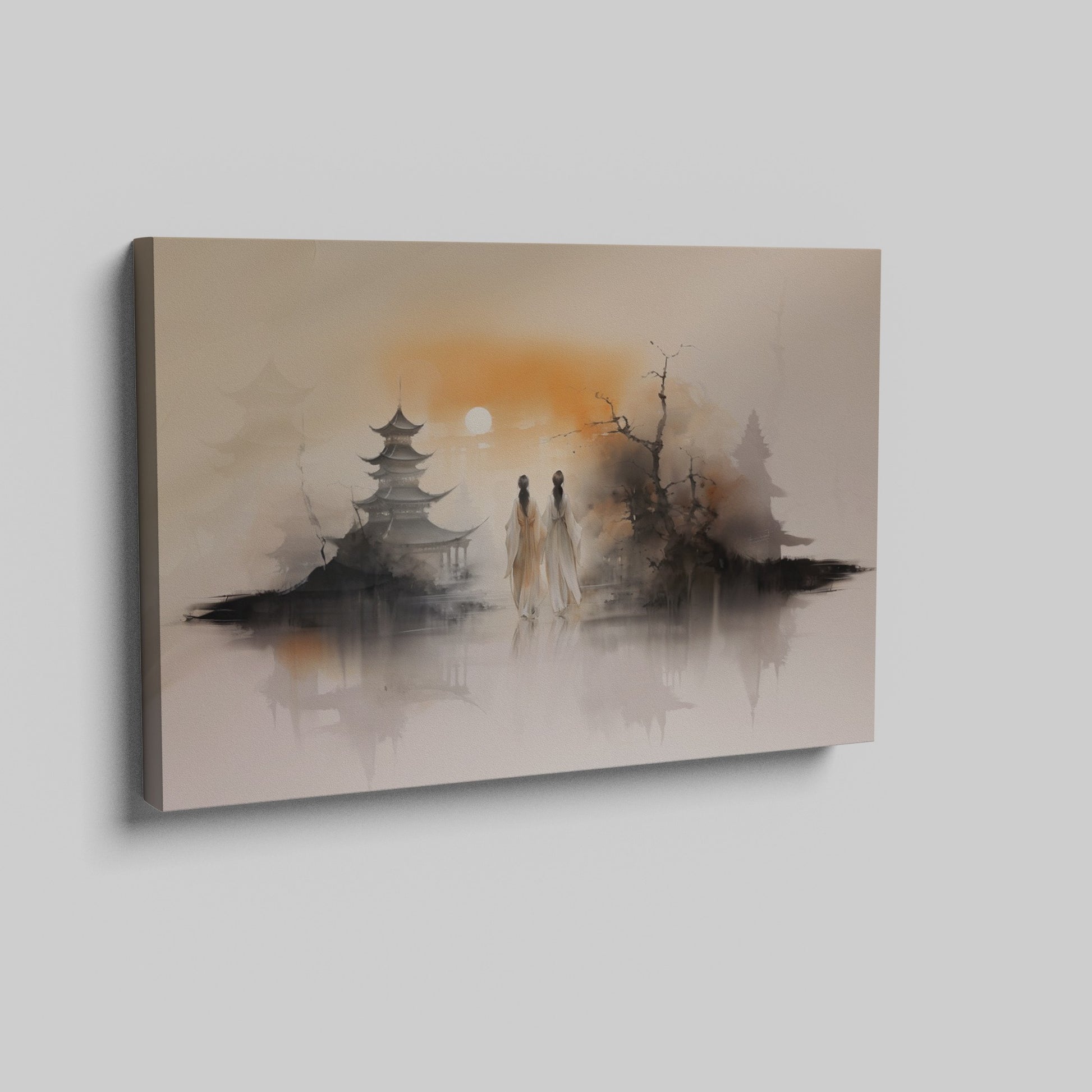 Framed canvas print of a serene oriental landscape with a sunset, pagoda, silhouetted figures, and peaceful water reflection in warm tones.