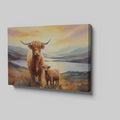 Framed canvas print of Highland cattle in a scenic landscape at sunset with warm hues