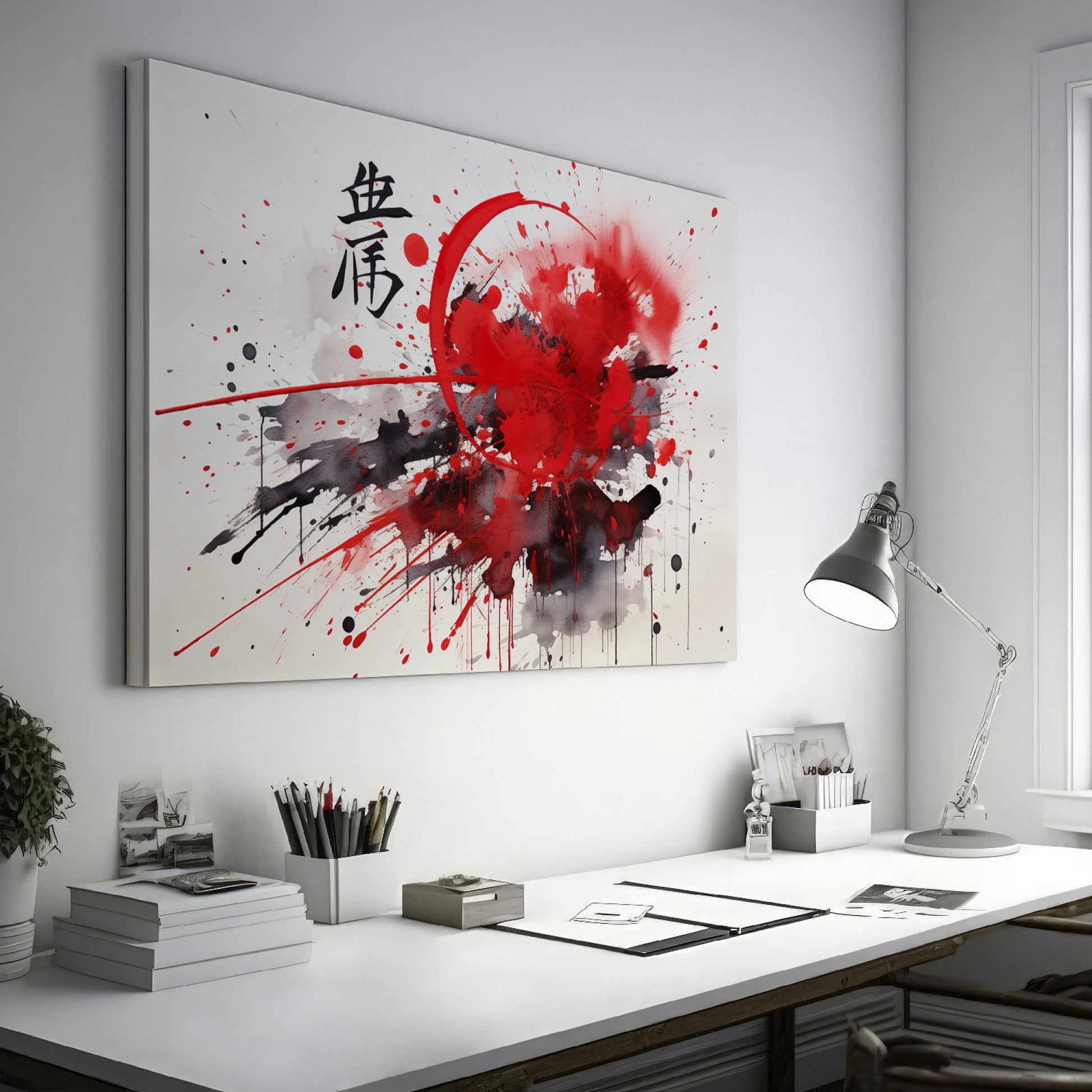 Framed canvas print of abstract red and black ink splash with oriental calligraphy