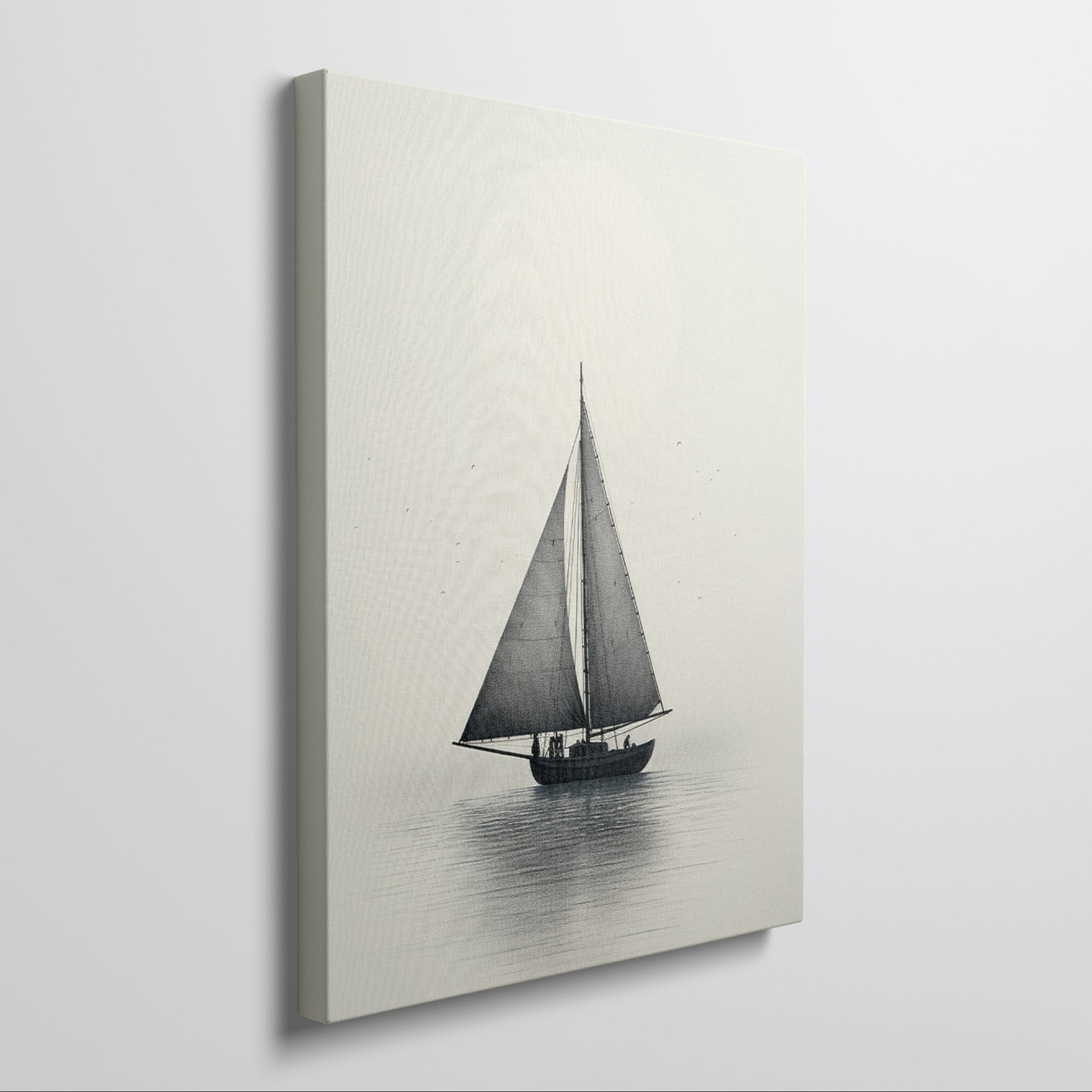 Framed canvas print of a vintage sailboat on a calm sea in monochrome