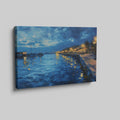 Framed canvas print of twilight seascape with vivid blue waters and illuminated harbour lights