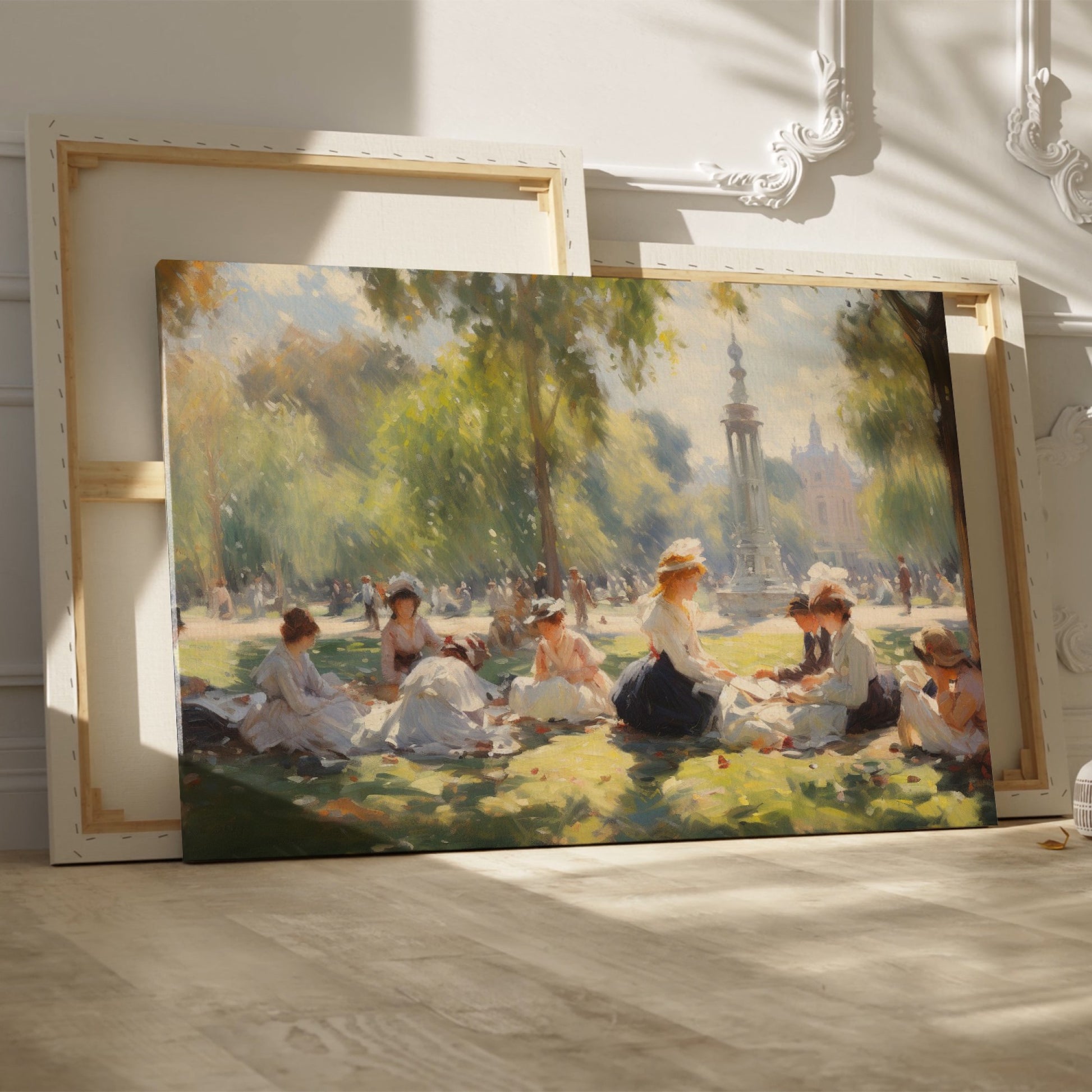 Framed canvas print of a Victorian picnic in a sunlit park with ladies in period attire