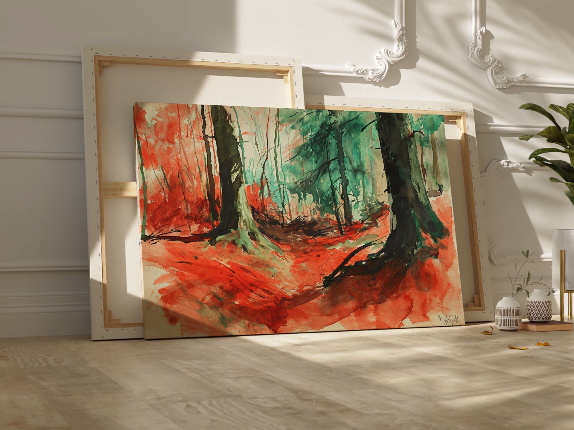 Framed canvas print of an abstract watercolour forest in vibrant red and green hues