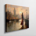 Framed canvas print of a vintage-style sunset over London's Thames, with elegant silhouette and warm colour palette