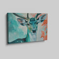 Framed canvas print of a vibrant, modern depiction of a stag with abstract elements