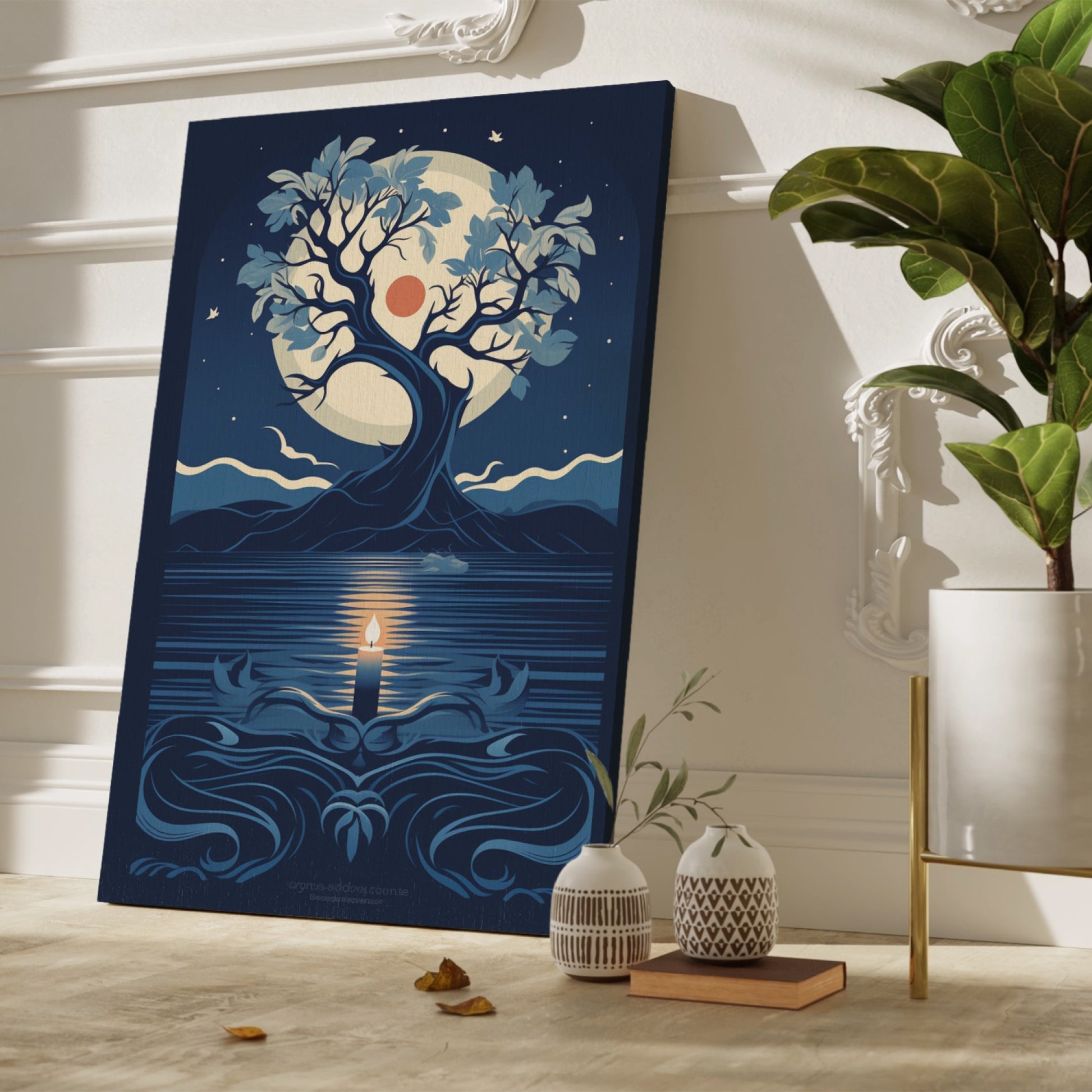 Framed canvas print of a stylised tree with moon and candle in blue shades