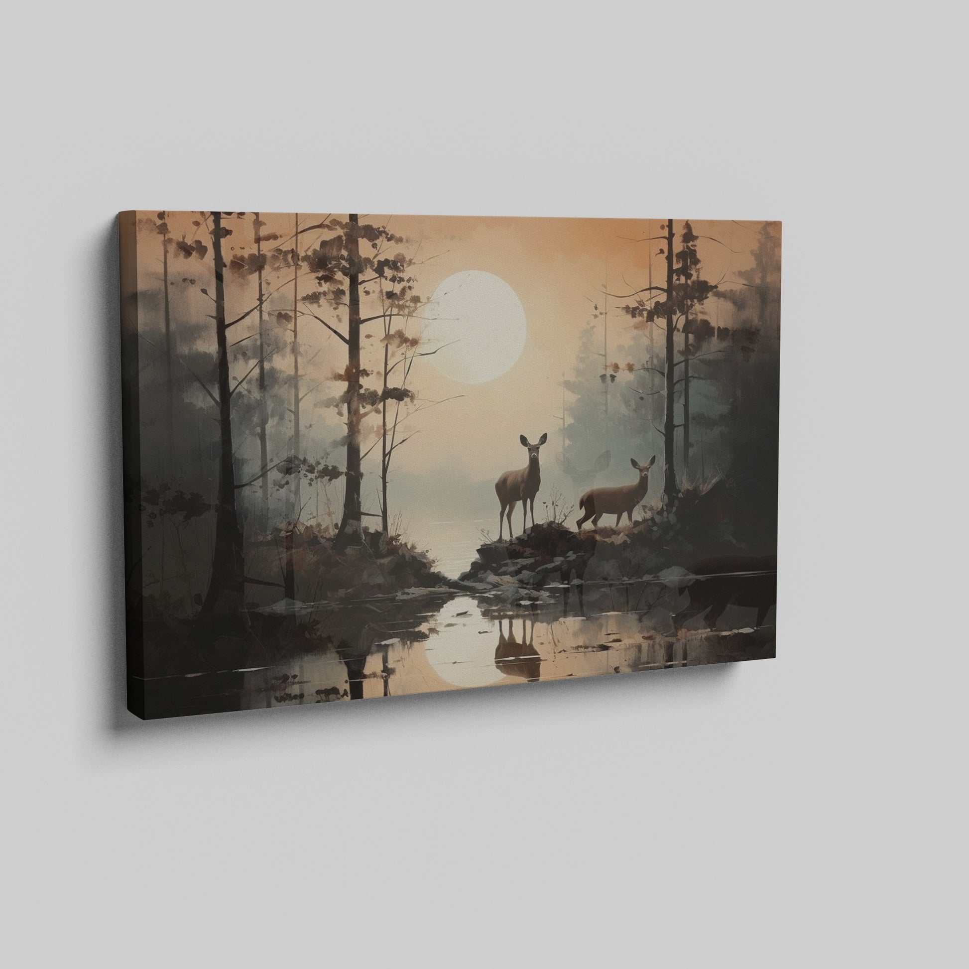 Framed canvas print of serene forest scenery with deer and sunset