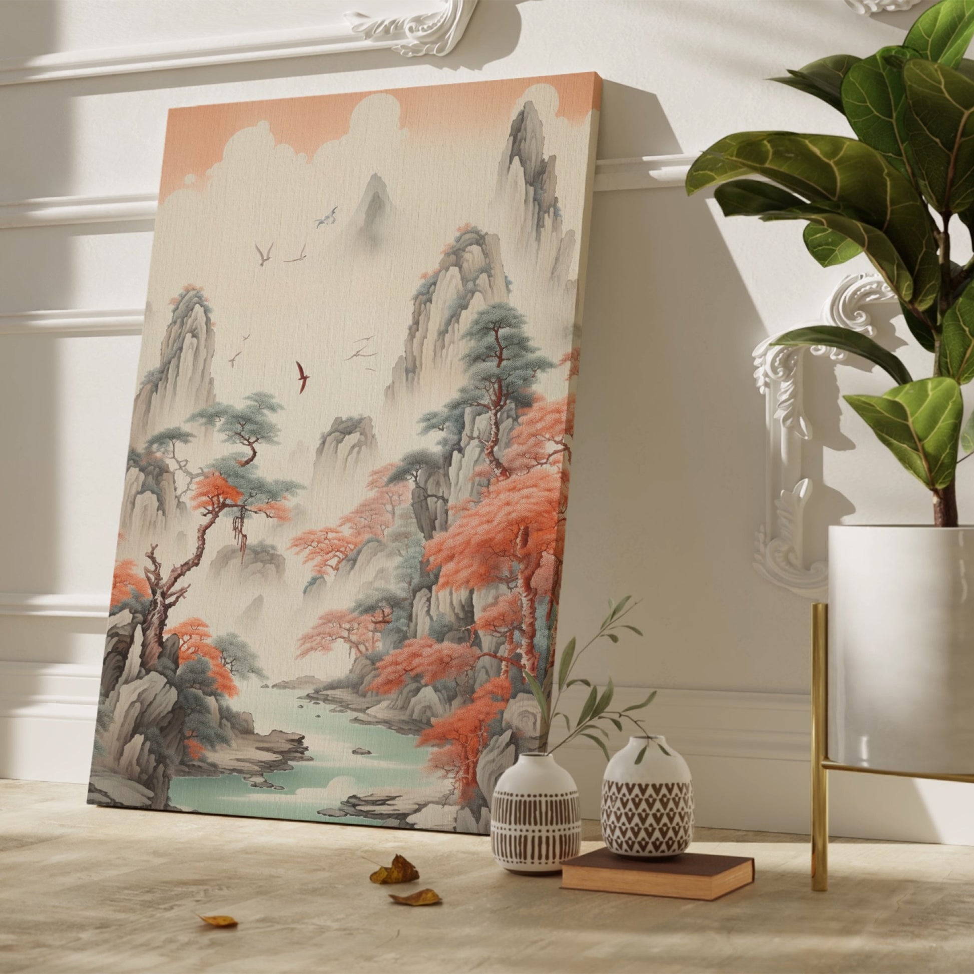 Framed canvas print of Asian mountainous landscape with autumnal trees and birds, in ink painting style