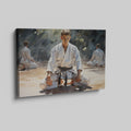 Framed canvas print of martial artists in meditation at a dojo