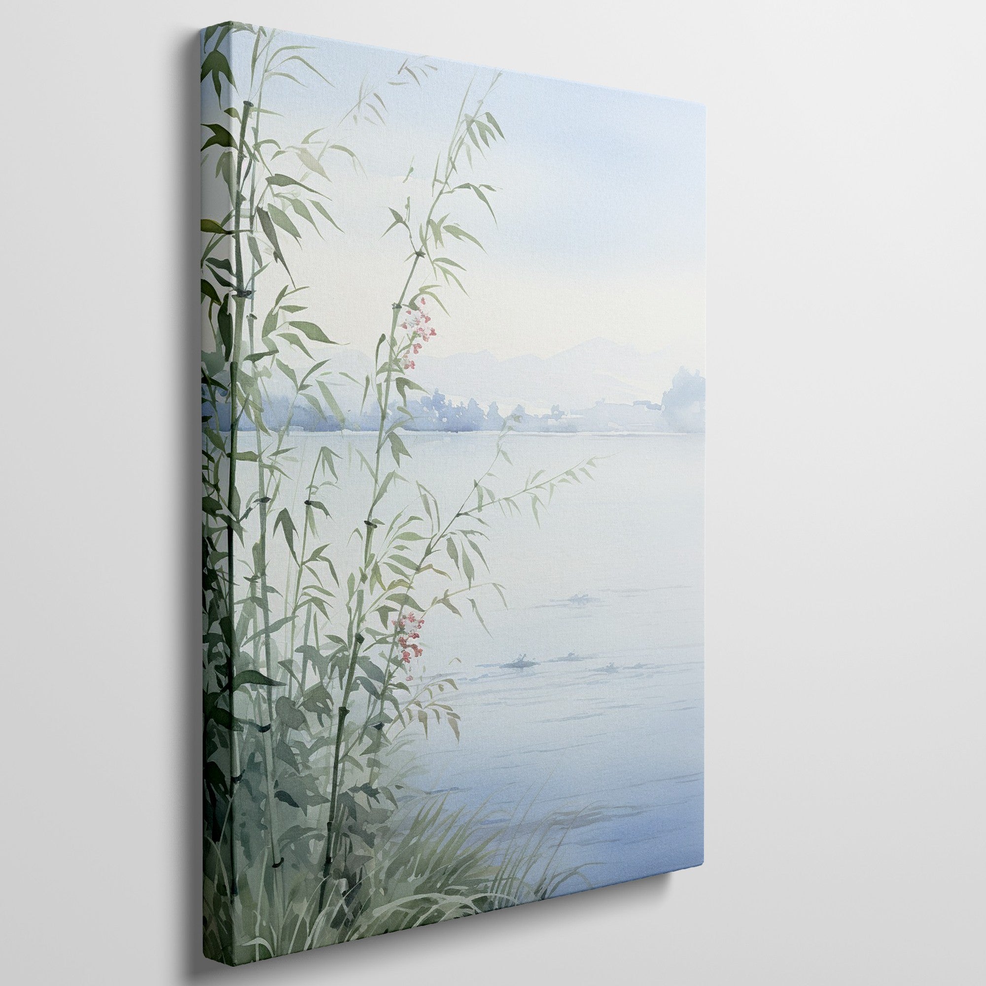 Watercolor painting of a tranquil lake scene with bamboo and subtle flora in the foreground