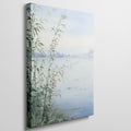 Watercolor painting of a tranquil lake scene with bamboo and subtle flora in the foreground