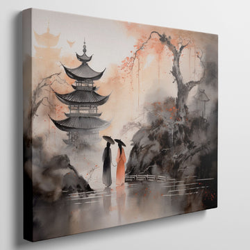 Framed canvas print of traditional Oriental scene with pagodas, cherry blossoms, and ink wash painting style