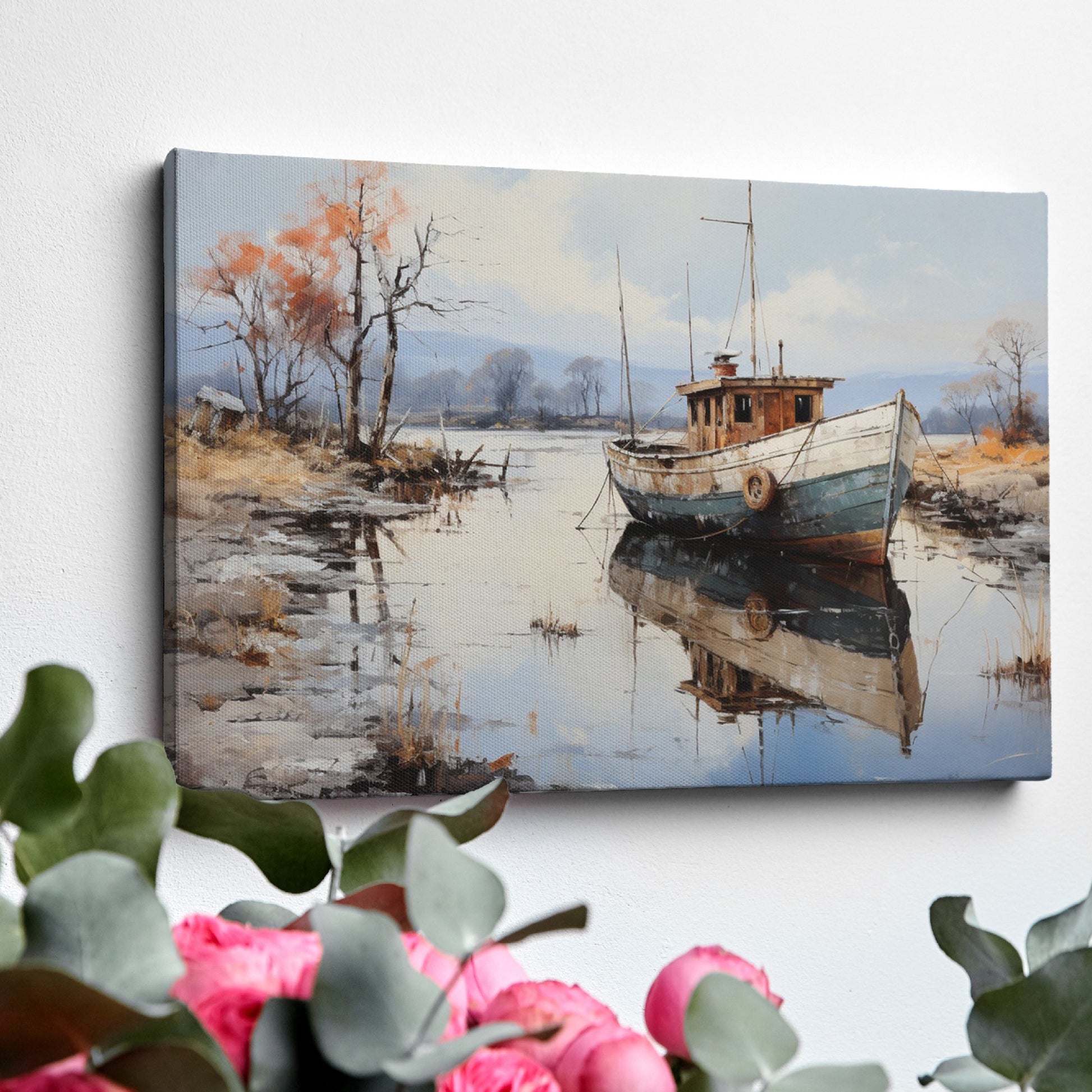 Framed canvas print of a tranquil landscape with a vintage boat moored on calm waters, reflecting autumnal trees