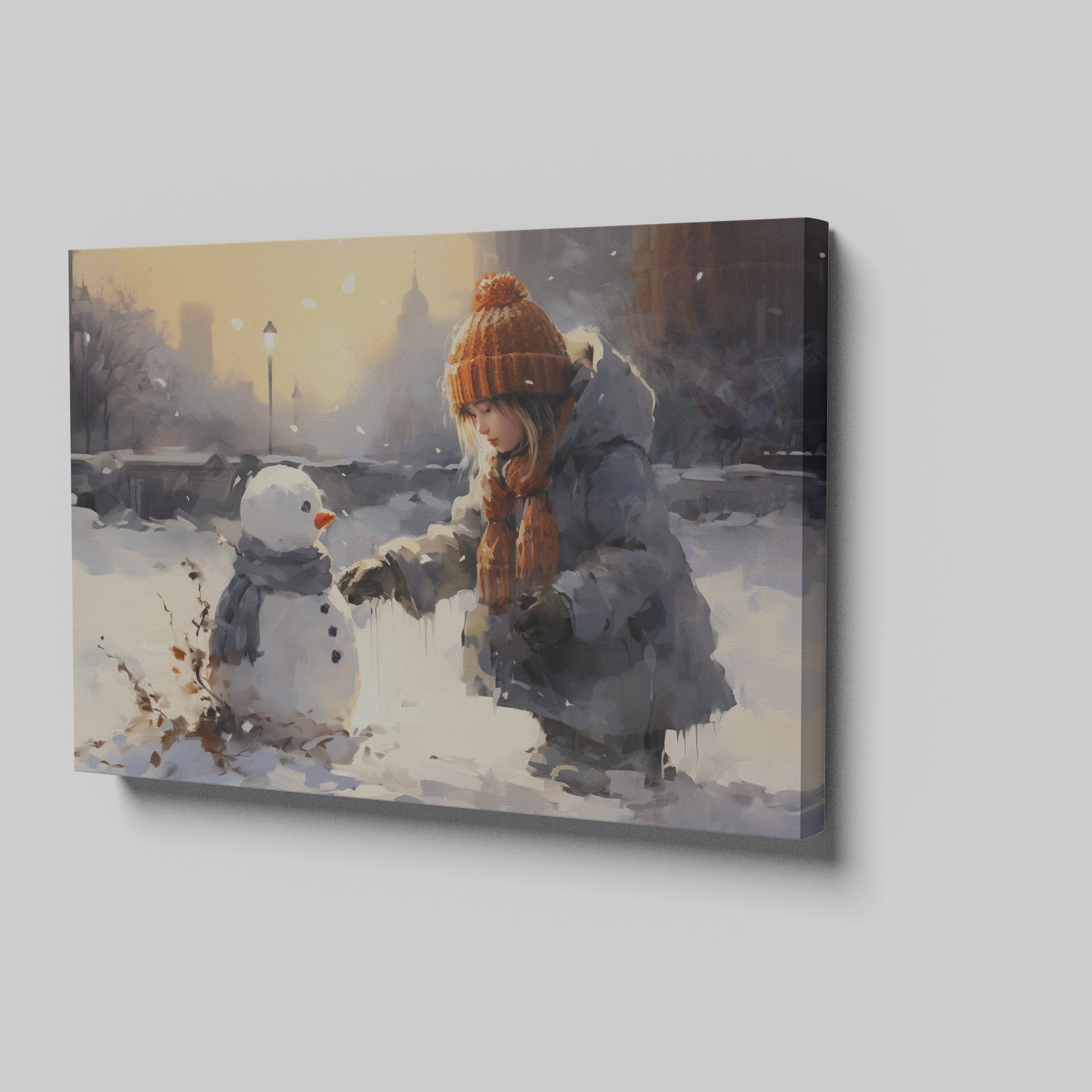 Framed canvas print of a child building a snowman in a snowy urban park during golden hour