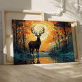 Abstract canvas art of a deer in a sunset forest scene with vibrant orange and blue colors.