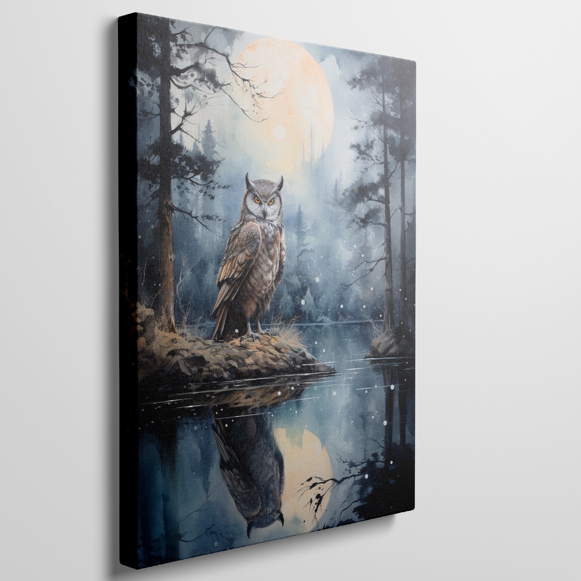 Framed canvas print of an owl perched beside a reflective lake under a full moon night sky