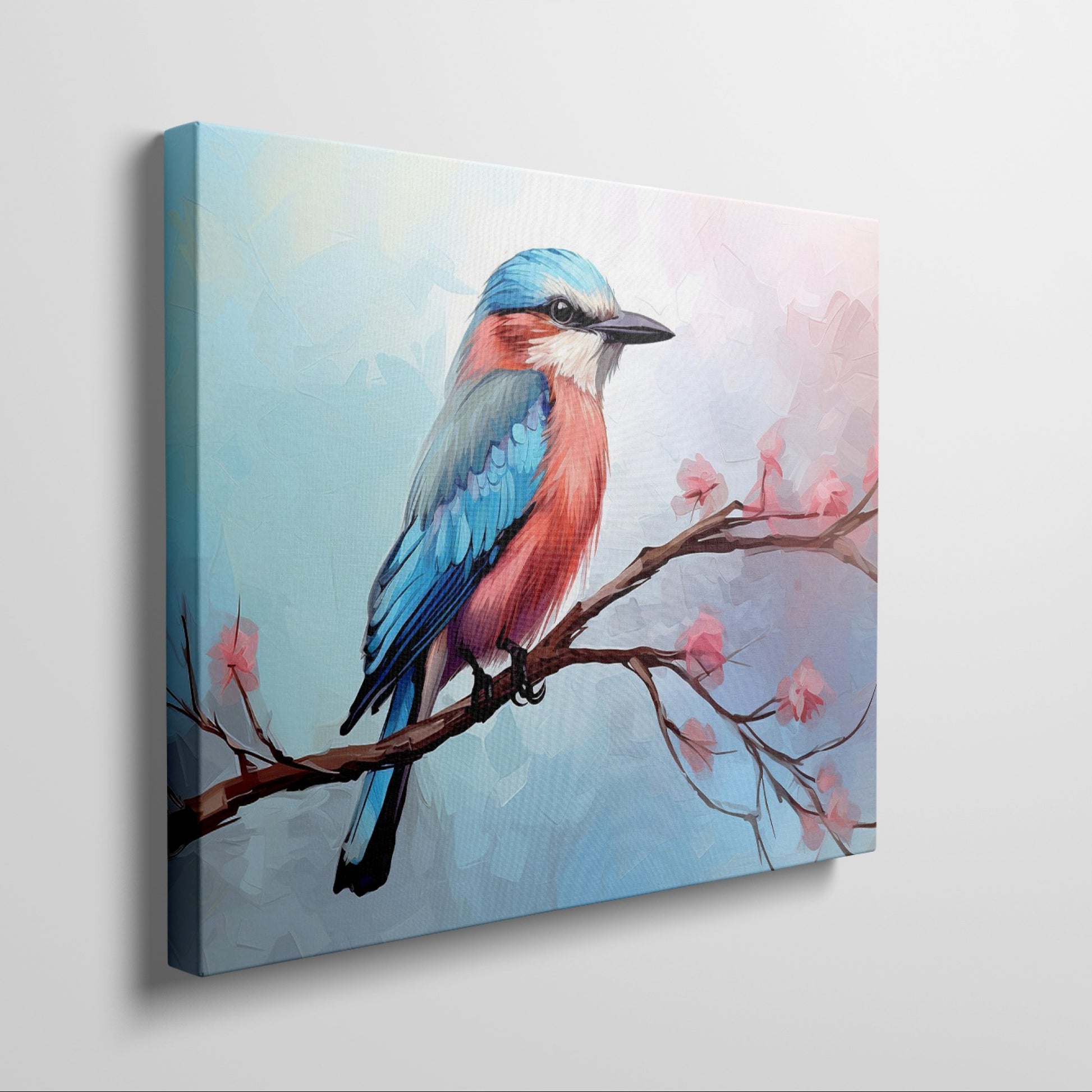 Framed canvas print of a colourful Kingfisher bird on a branch with pink cherry blossoms against a soft blue sky