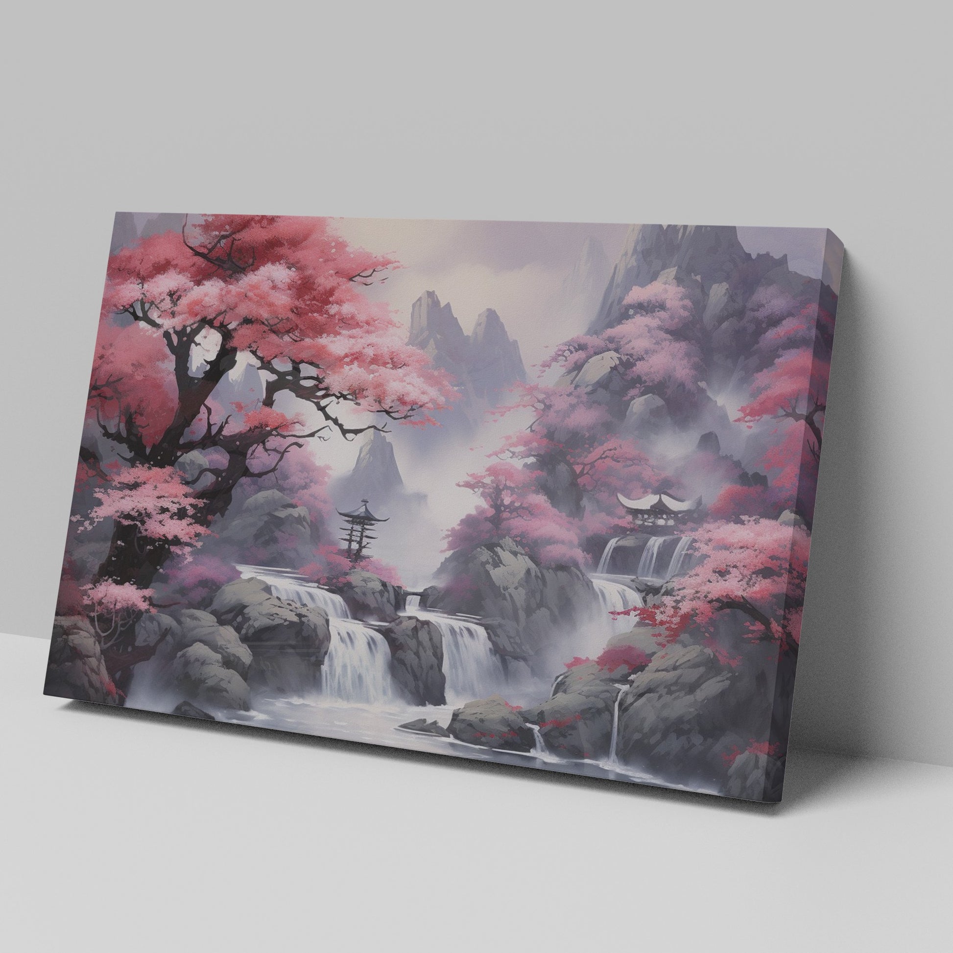 Framed canvas print of a mystic Eastern landscape with cherry blossoms and a mountain waterfall