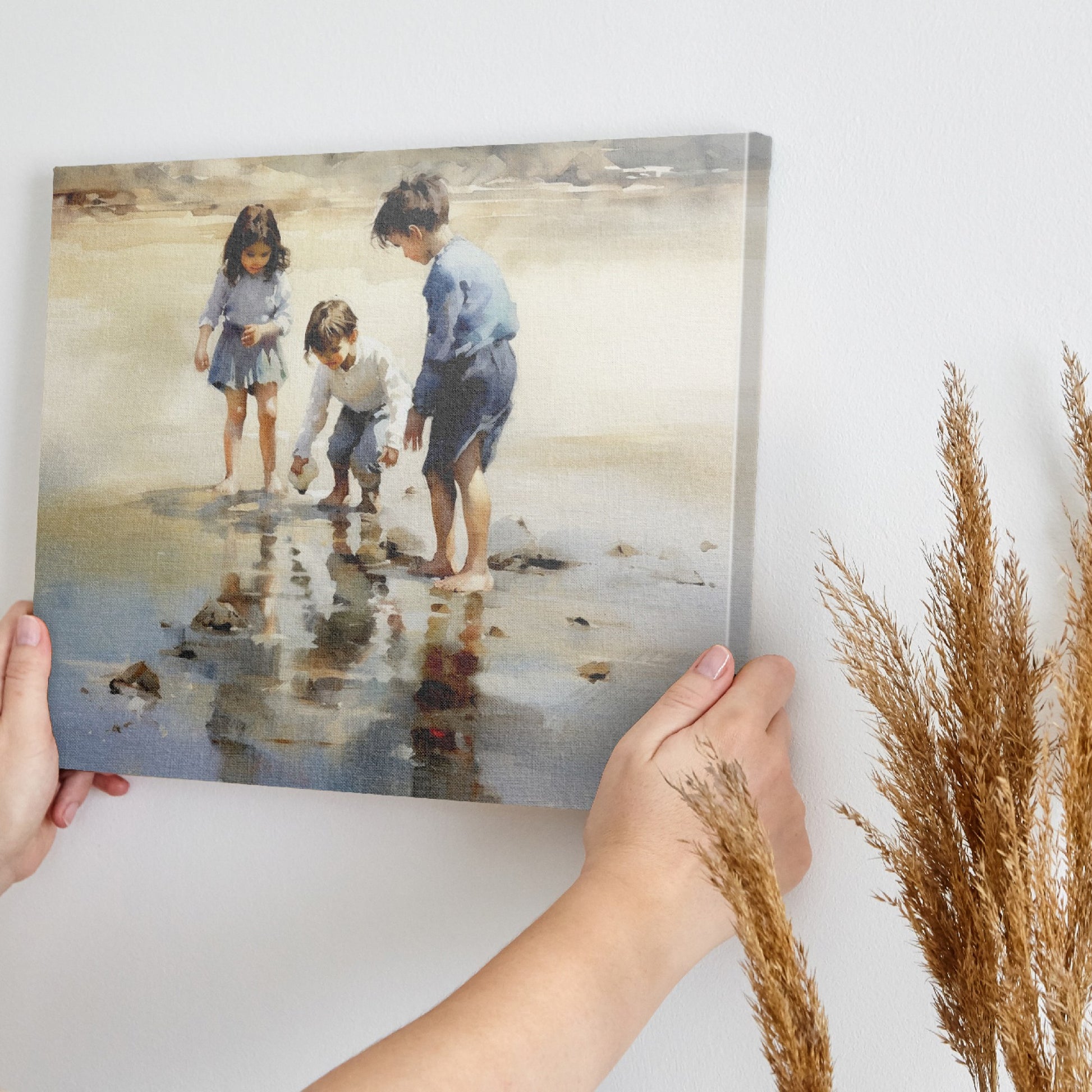 Framed canvas print of children playing by the seashore with a watercolor effect