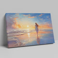 Framed canvas print of a woman walking on the beach at sunset with vibrant skies reflected in the water