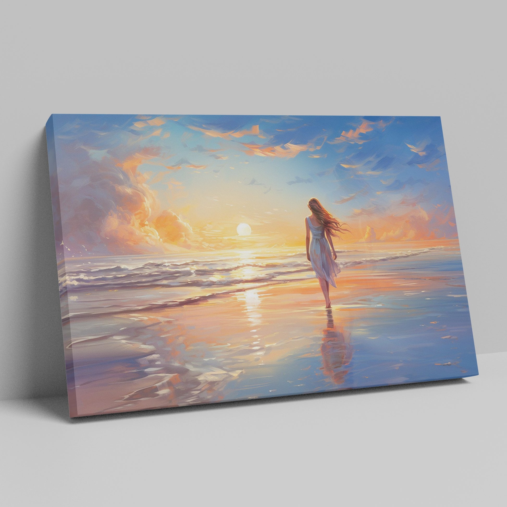 Framed canvas print of a woman walking on the beach at sunset with vibrant skies reflected in the water