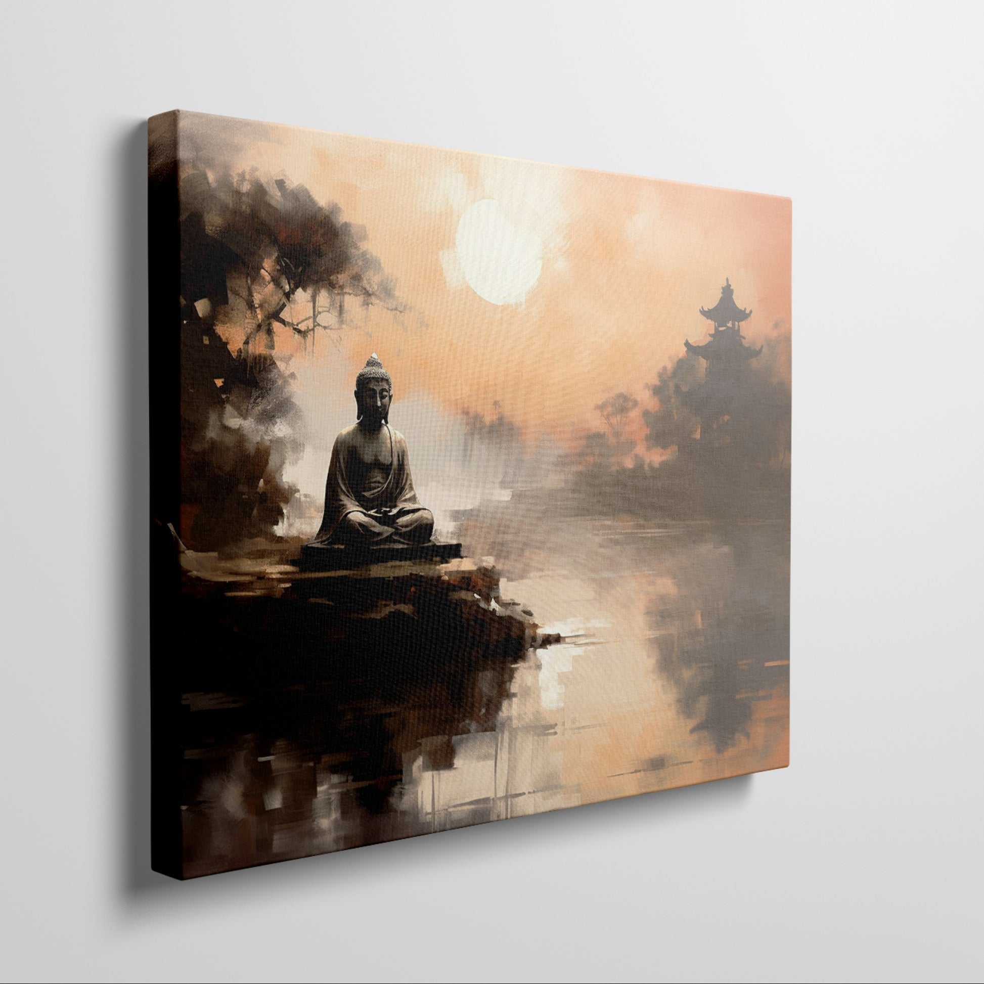 Framed canvas print of a serene Buddha statue at sunset with oriental temple and reflective water