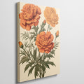 Framed canvas print of vintage illustrated marigold flowers in warm orange tones