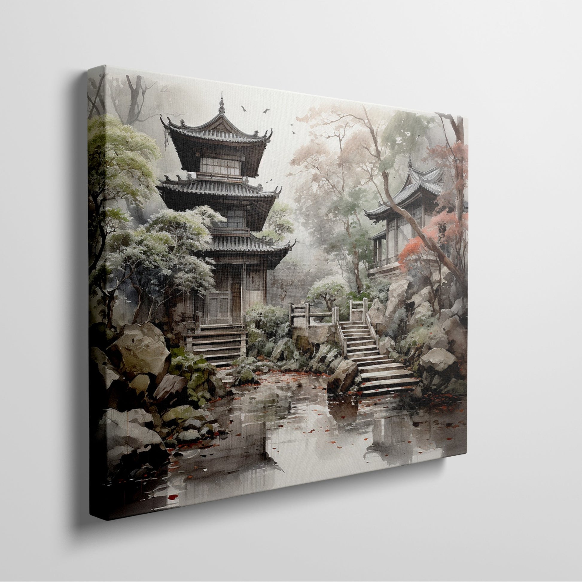 Framed canvas print of a tranquil traditional Asian landscape with a Japanese pagoda and garden